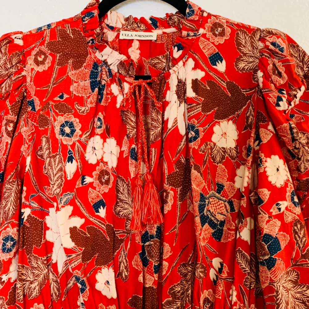 Ulla Johnson Red Liv Floral Mini Dress Size 8 Long Sleeves Cotton Blend Boho - Picture 6 of 16